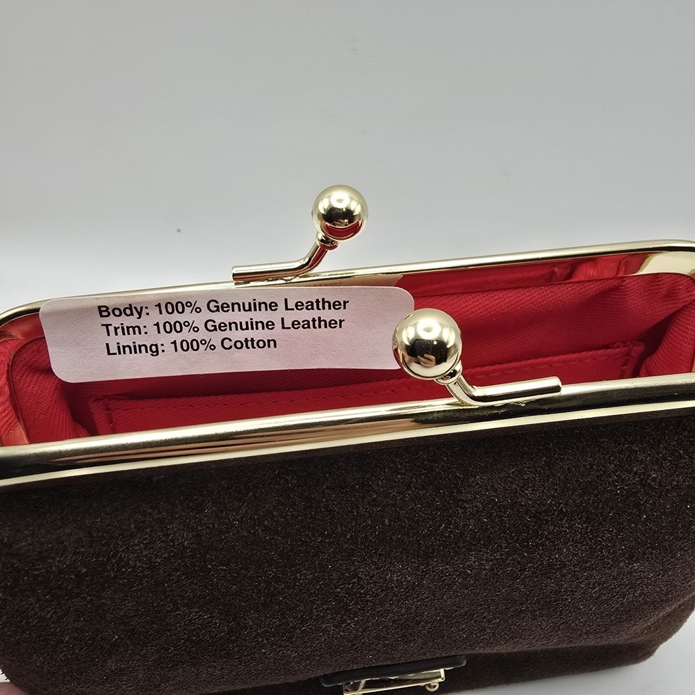 Dooney & Bourke Suede Kiss Lock Clutch Wallet Brown Leather Gold Tone Frame NWOT - Picture 10 of 10